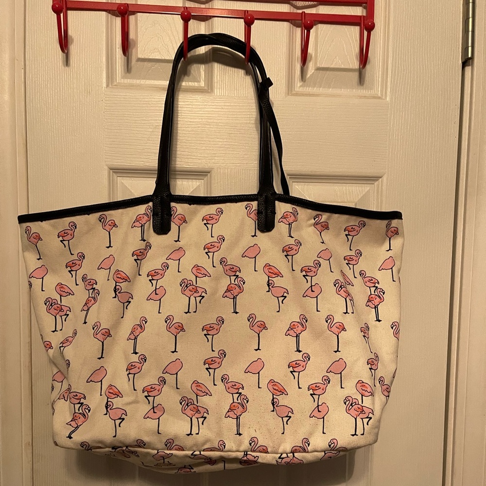 Cream colored canvas bag with super cute pink flamingos on it